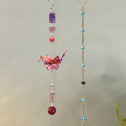 Origami Ornament #2376 - Small Crane with Stone and Glass Beads