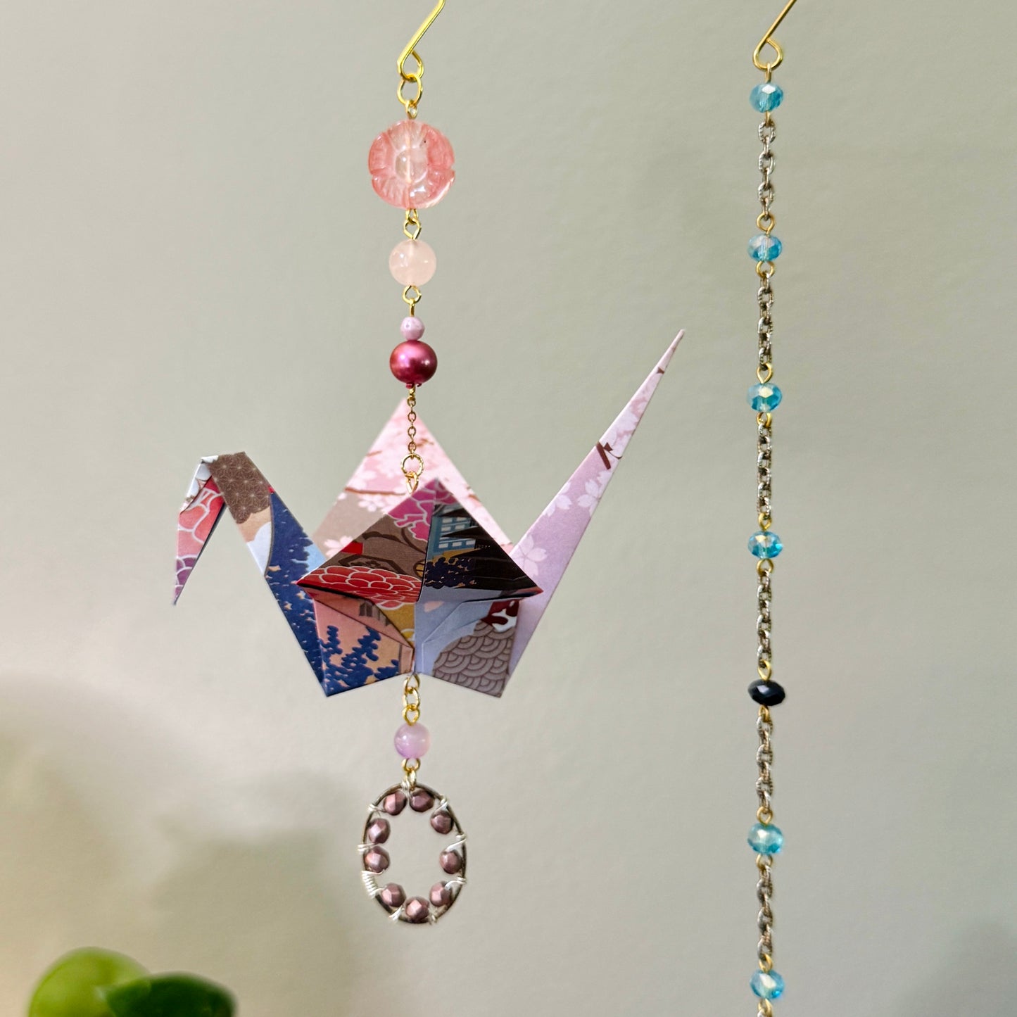 Origami Ornament #2187 - Large Crane with Beaded Pendant
