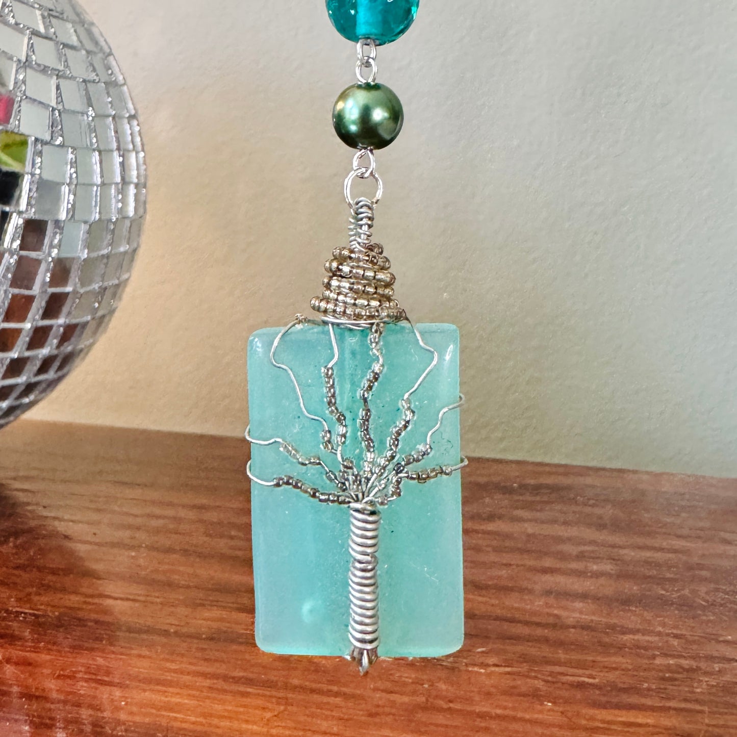 Origami Ornament #2463 - Large Crane with Repurposed Wire-Wrapped Pendant