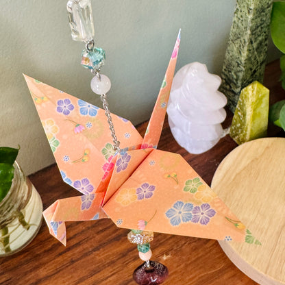 Origami Ornament #2140 - Large Crane with Art Glass Pendant
