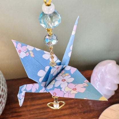 Origami Ornament #2441 - Small Crane with Repurposed Heart Pendant