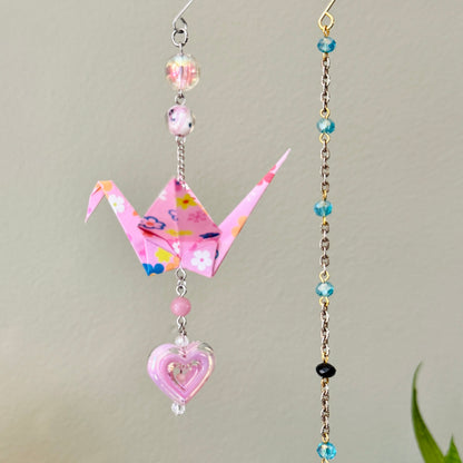 Origami Ornament #2015 - Medium Crane with Plastic Heart