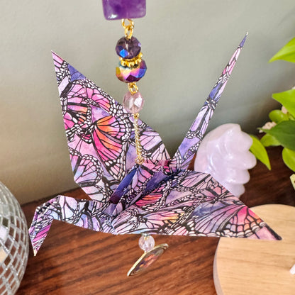 Origami Ornament #2460 - Large Crane with Cloissone Pendant