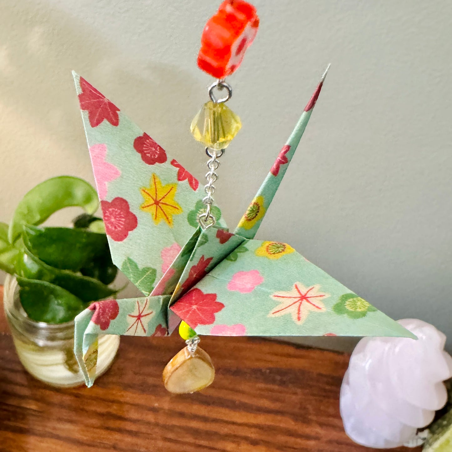 Origami Ornament #2204 - Medium Crane with Repurposed Beads