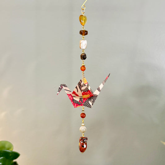 Origami Ornament #2369 - Medium Crane with Ceramic Owl Bead