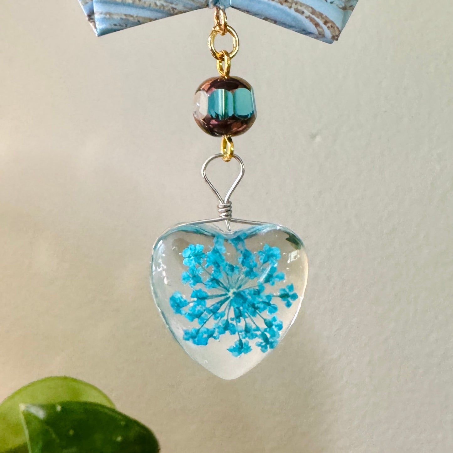 Origami Ornament #2139 - Large Crane with Resin Flower Heart
