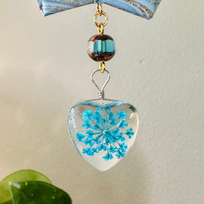 Origami Ornament #2139 - Large Crane with Resin Flower Heart