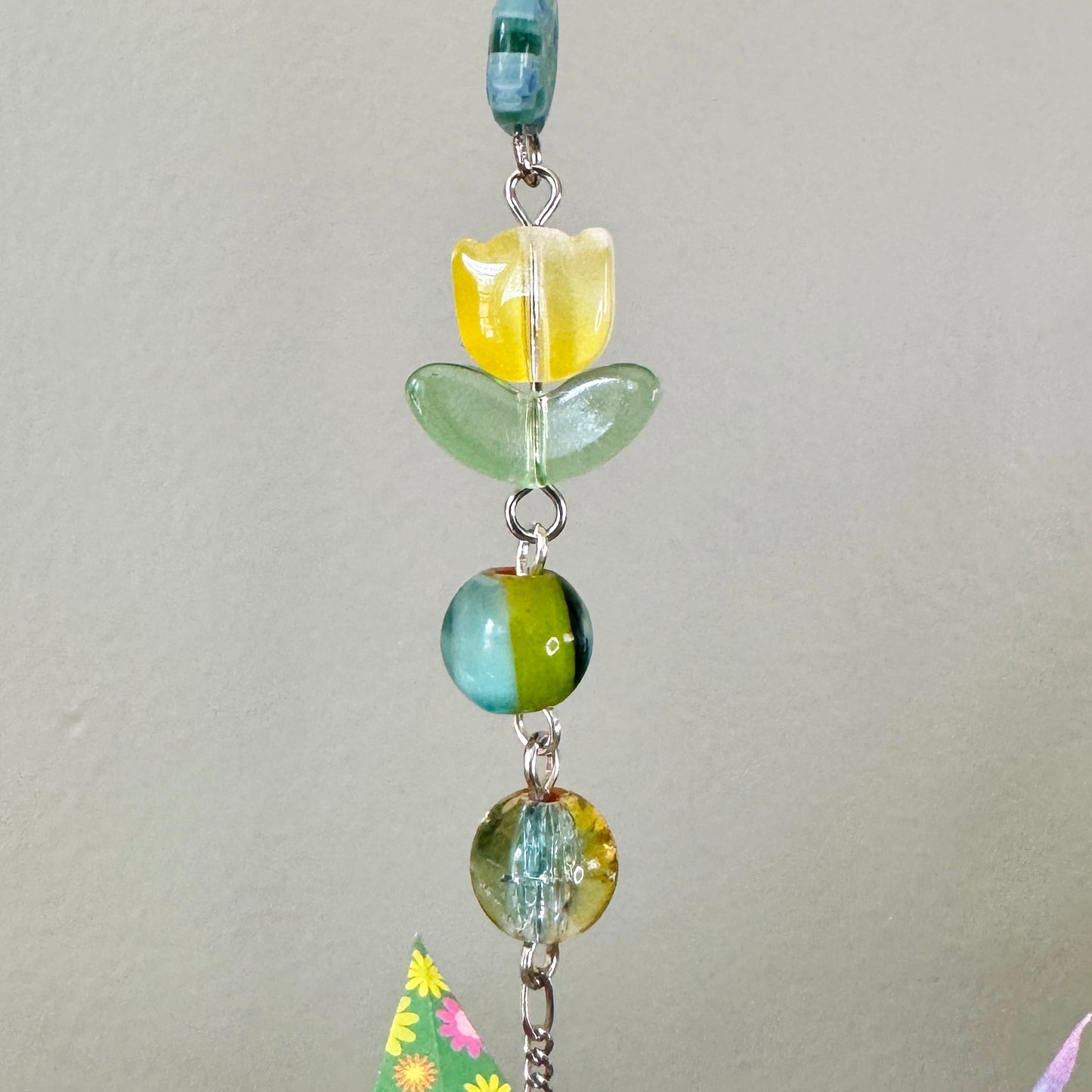 Origami Ornament #2459 - Medium Crane with Glass Flower Pendant