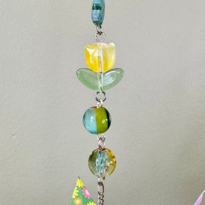 Origami Ornament #2459 - Medium Crane with Glass Flower Pendant