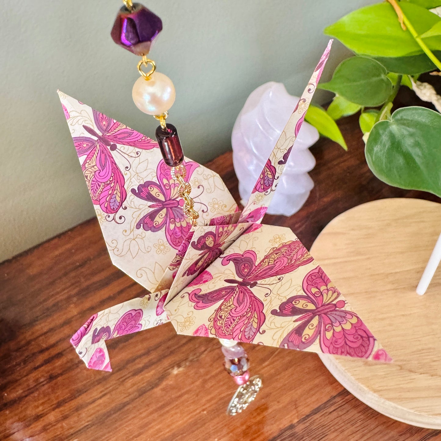 Origami Ornament #2462 - Large Crane with Repurposed Pendant