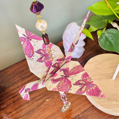 Origami Ornament #2462 - Large Crane with Repurposed Pendant