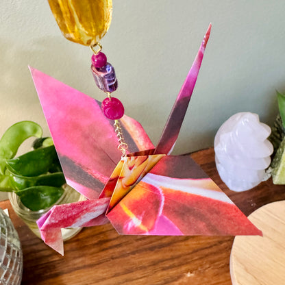 Origami Ornament #2214 - Large Crane with Repurposed Glass Beads