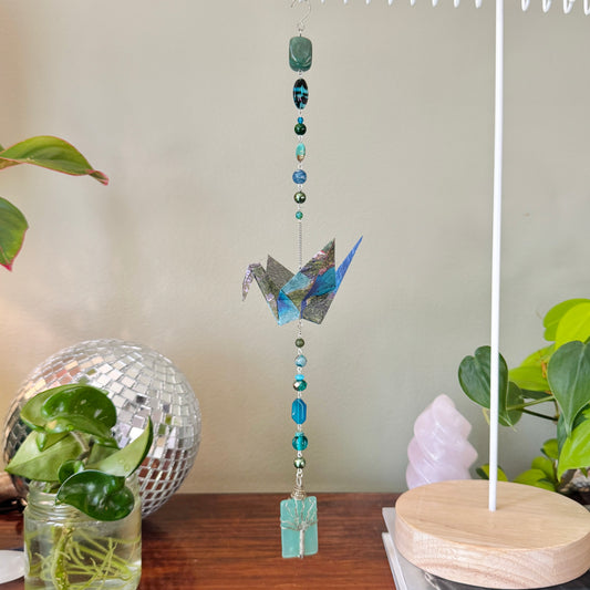 Origami Ornament #2463 - Large Crane with Repurposed Wire-Wrapped Pendant