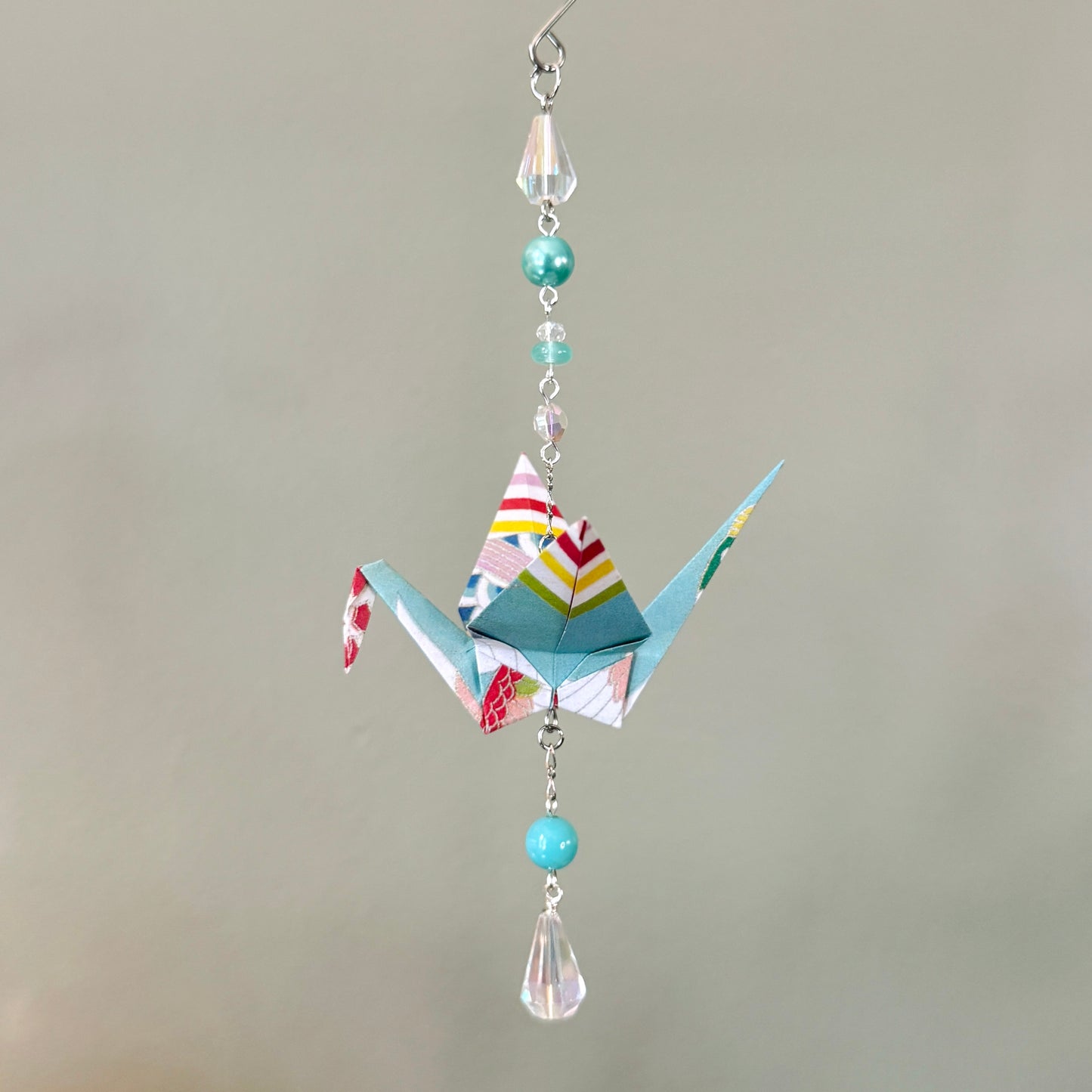 Origami Ornament #2453 - Medium Crane with Repurposed Beads