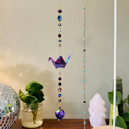 Origami Ornament #2212 - Medium Crane with Glass Beads and Art Glass Pendant