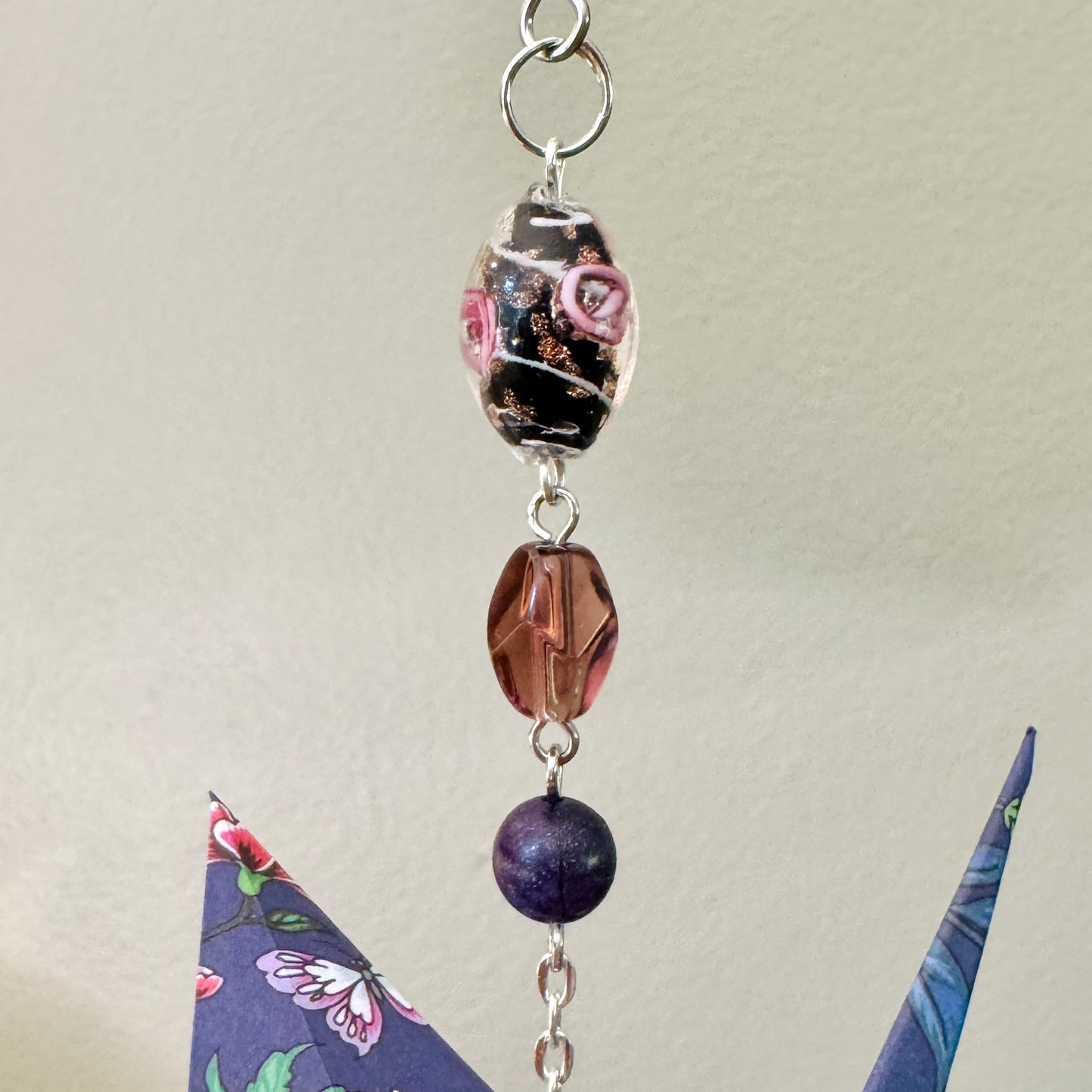 Origami Ornament #2185 - Large Crane with Glass and Stone Beads