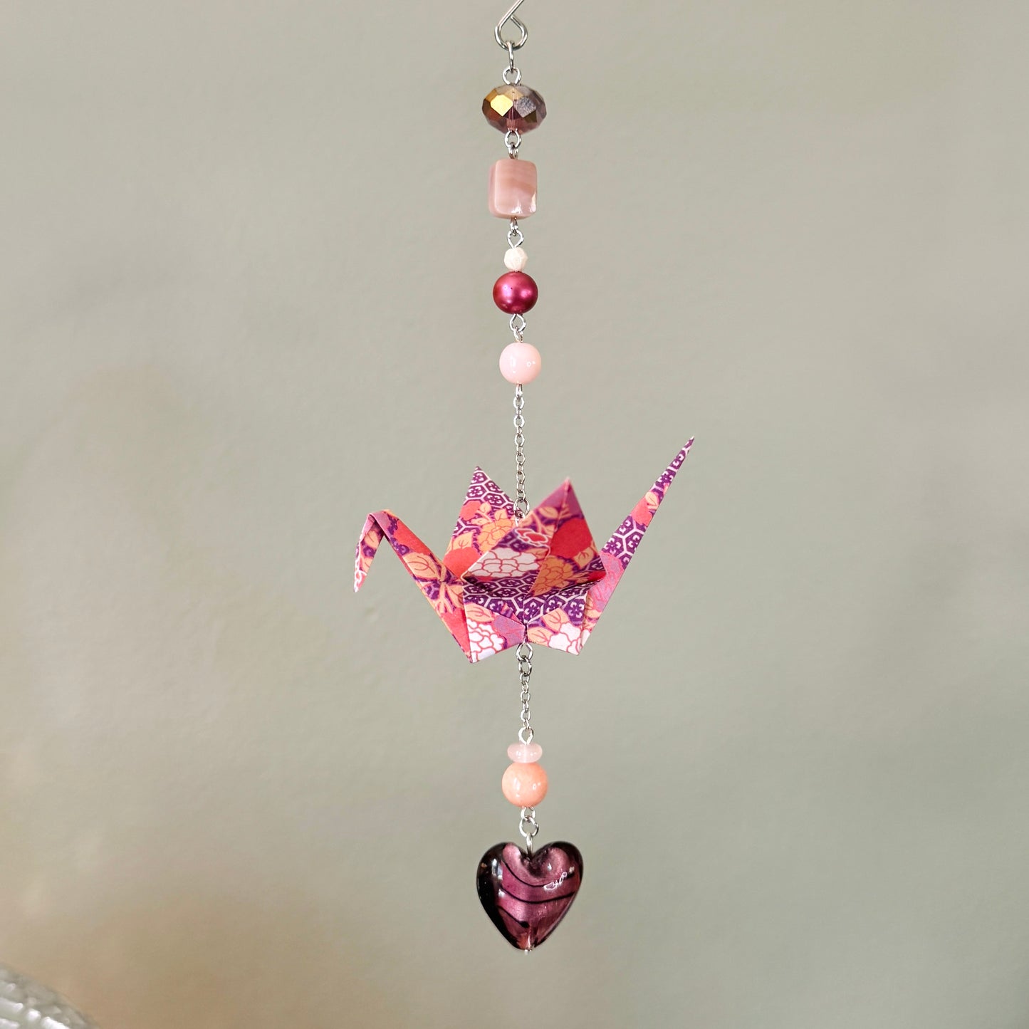 Origami Ornament #2454 - Medium Crane with Glass Heart