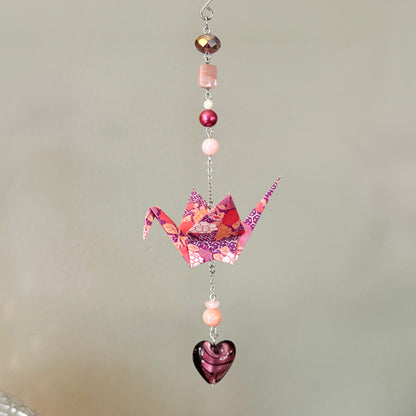 Origami Ornament #2454 - Medium Crane with Glass Heart