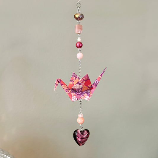 Origami Ornament #2454 - Medium Crane with Glass Heart