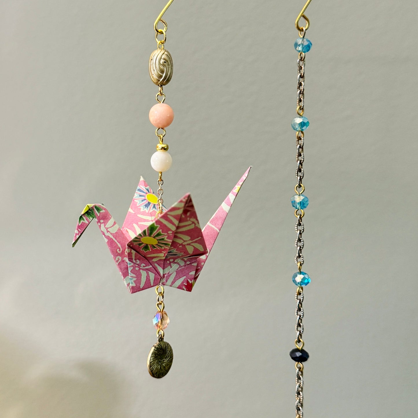 Origami Ornament #2205 - Medium Crane with Repurposed Charm