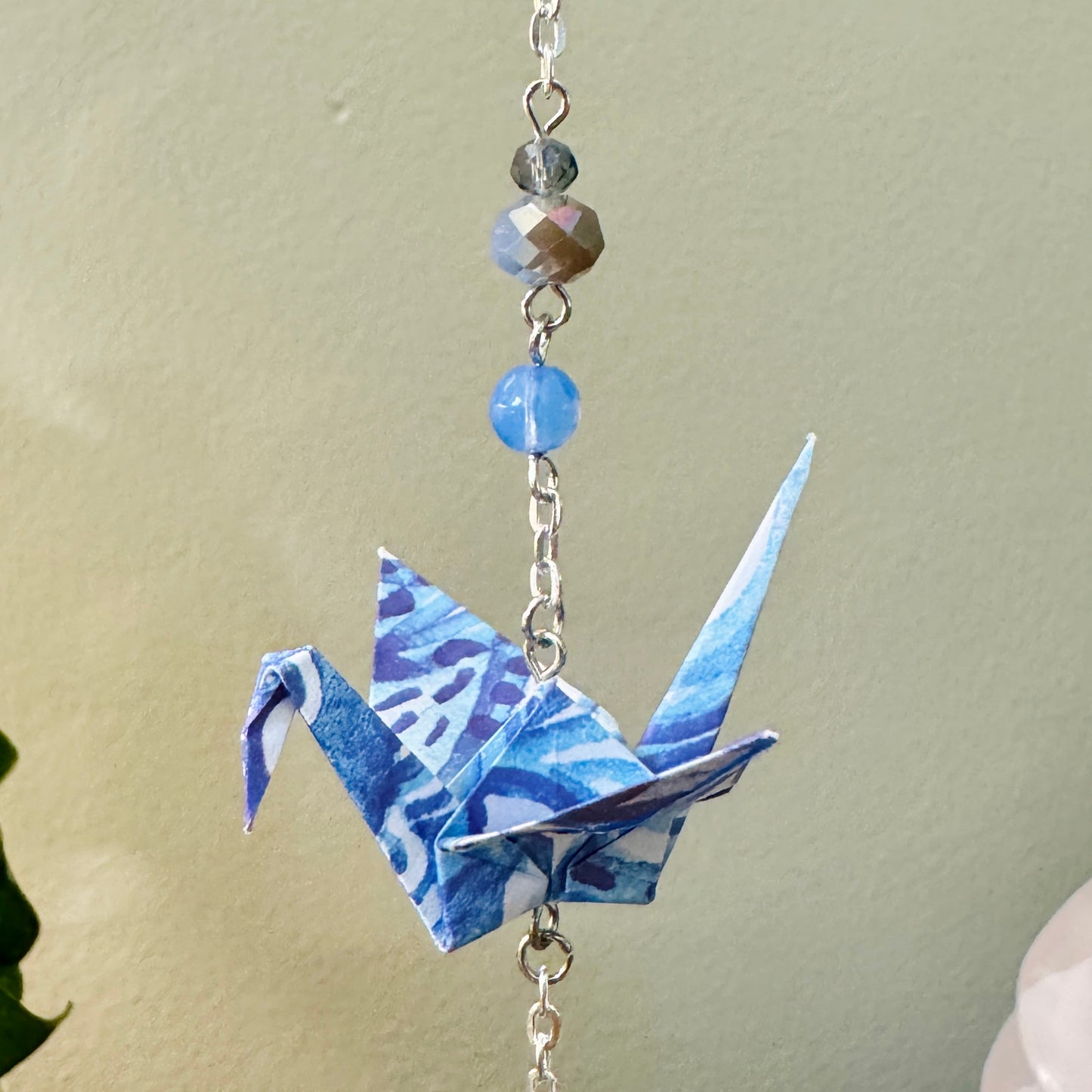 Origami Ornament #2209 - Triple Small Crane with Blue Stone Heart