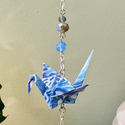 Origami Ornament #2209 - Triple Small Crane with Blue Stone Heart