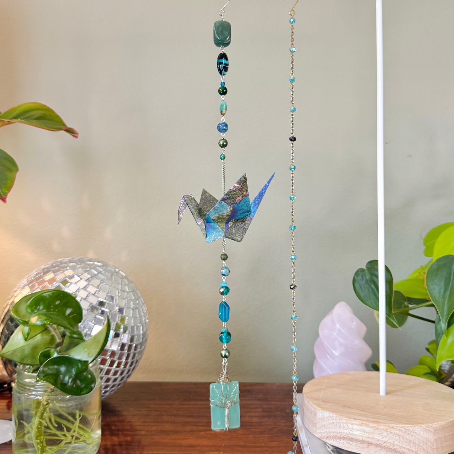 Origami Ornament #2463 - Large Crane with Repurposed Wire-Wrapped Pendant