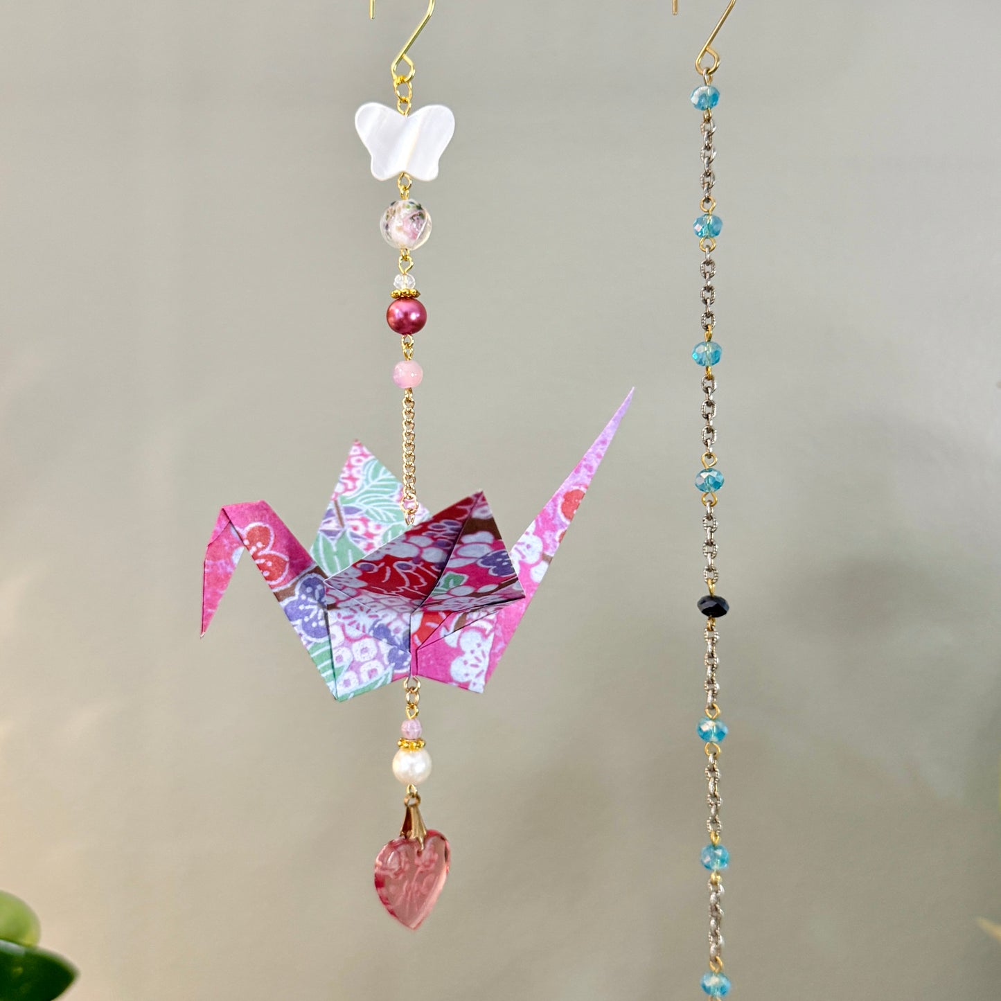 Origami Ornament #2371 - Large Crane with Glass Heart Pendant