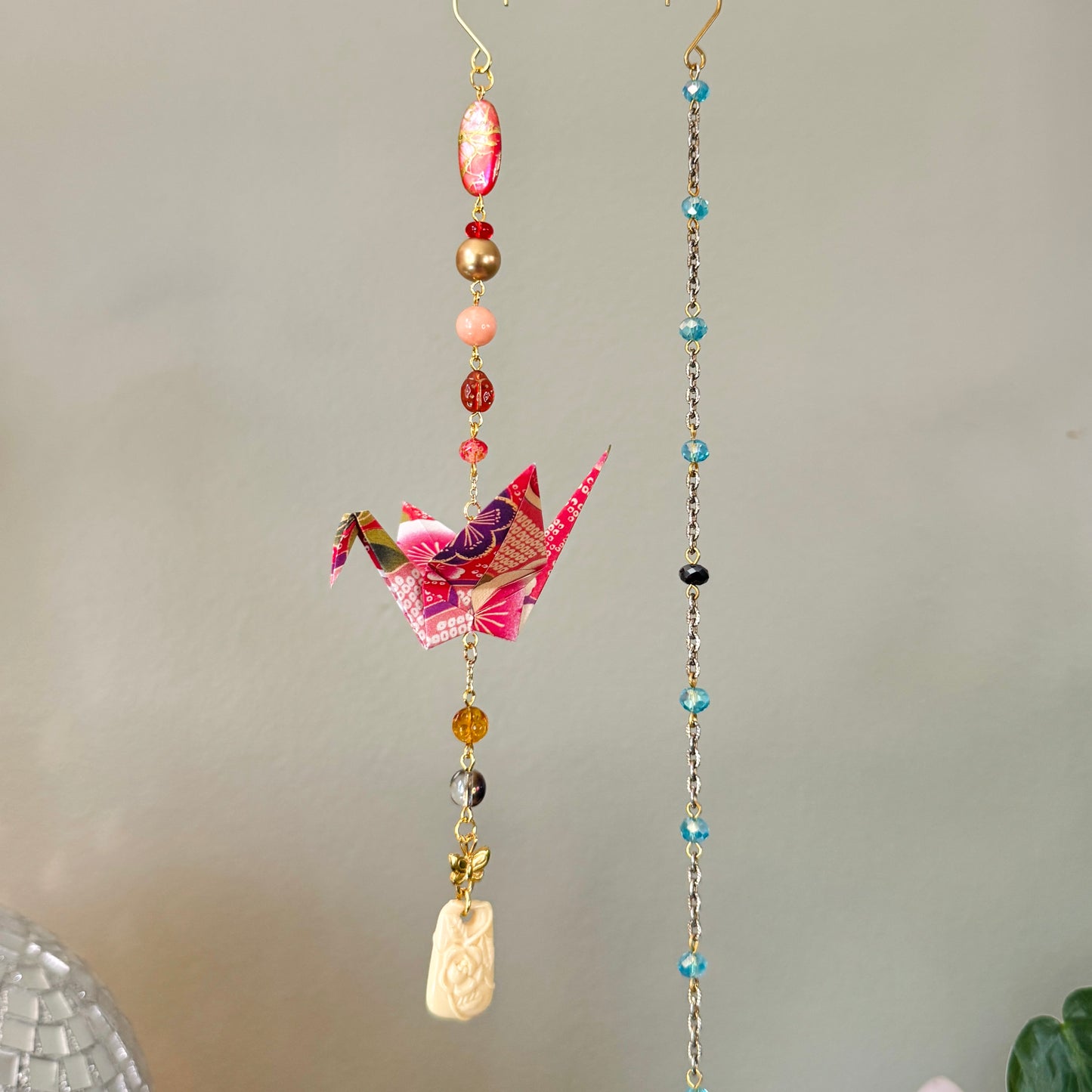 Origami Ornament #2457 - Medium Crane with Repurposed Pendant
