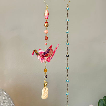 Origami Ornament #2457 - Medium Crane with Repurposed Pendant