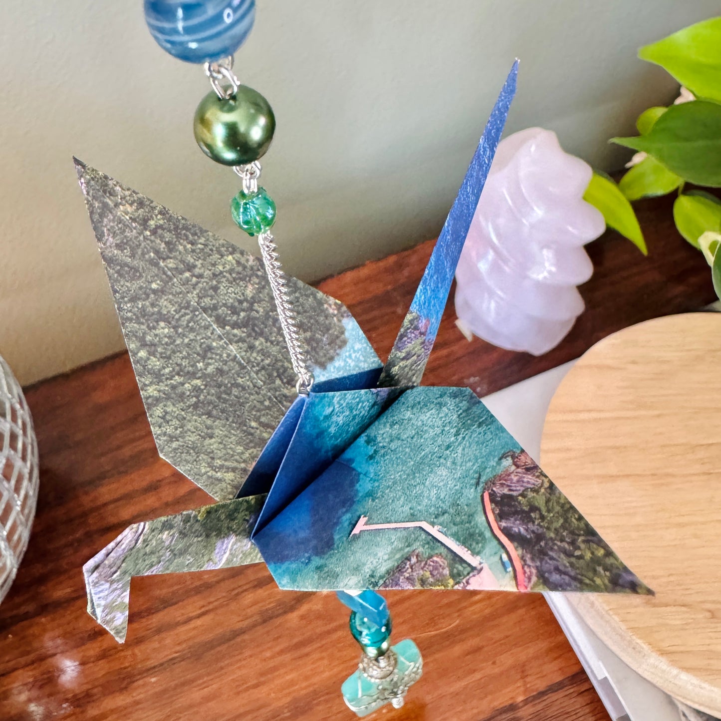 Origami Ornament #2463 - Large Crane with Repurposed Wire-Wrapped Pendant