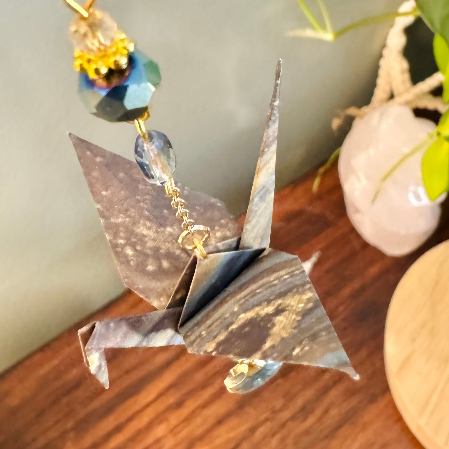 Origami Ornament #2377 - Small Crane with Enamel Shell Charm