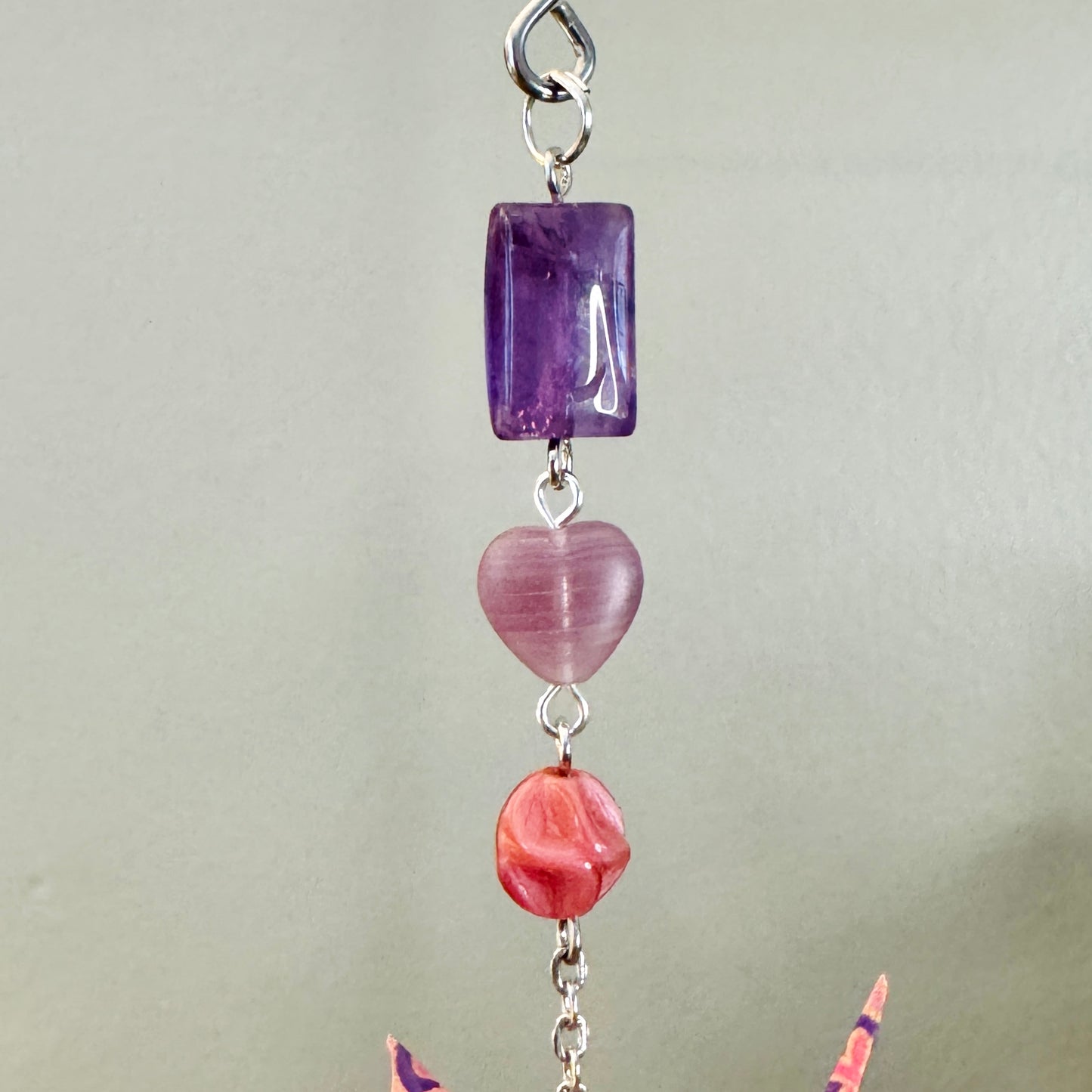 Origami Ornament #2376 - Small Crane with Stone and Glass Beads