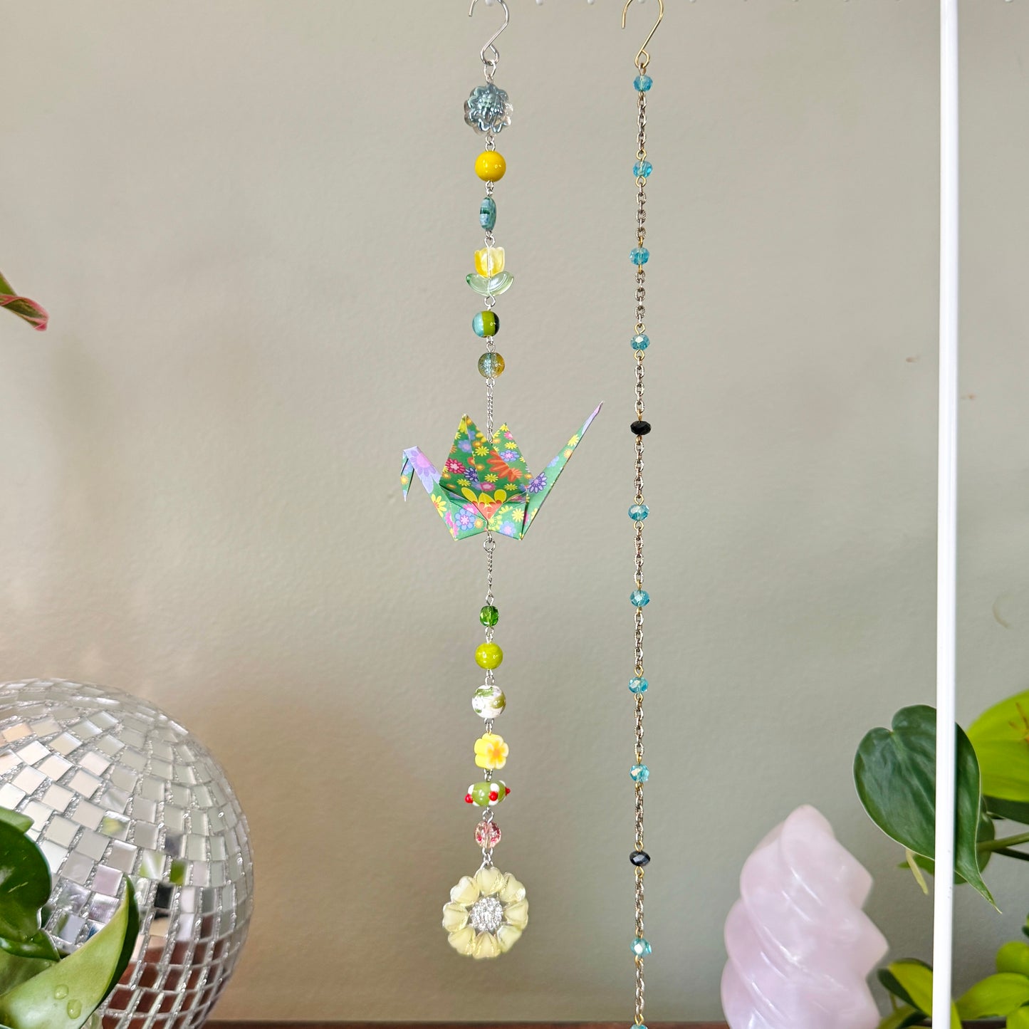 Origami Ornament #2459 - Medium Crane with Glass Flower Pendant