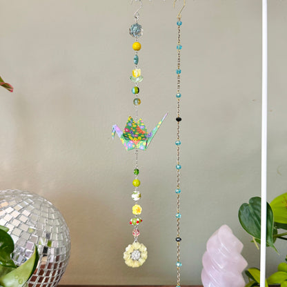 Origami Ornament #2459 - Medium Crane with Glass Flower Pendant