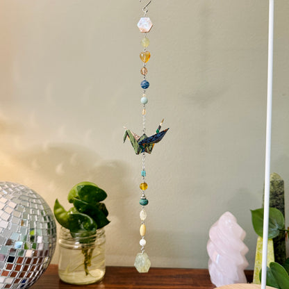 Origami Ornament #2213 - Medium Crane with Glass and Stone Beads
