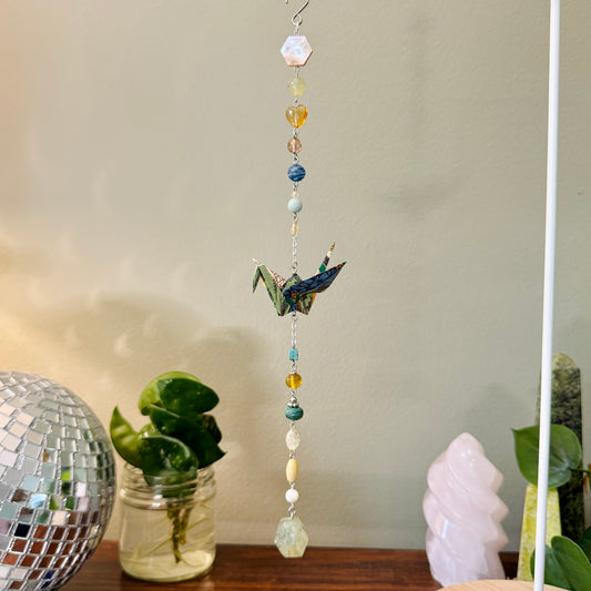 Origami Ornament #2213 - Medium Crane with Glass and Stone Beads