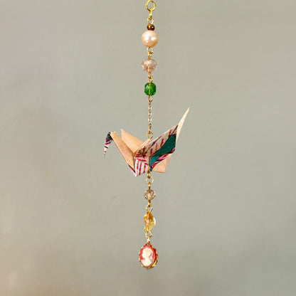 Origami Ornament #2442 - Small Crane with Cameo Charm
