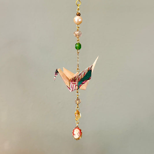 Origami Ornament #2442 - Small Crane with Cameo Charm
