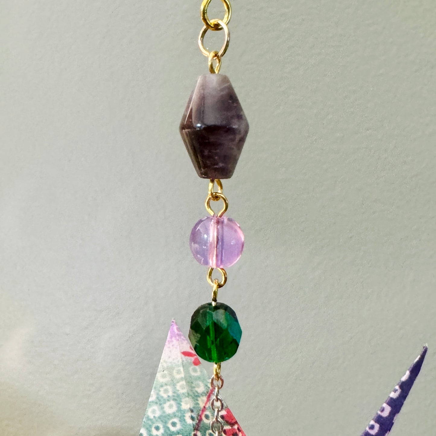 Origami Ornament #2207 - Medium Crane with Stone Beads