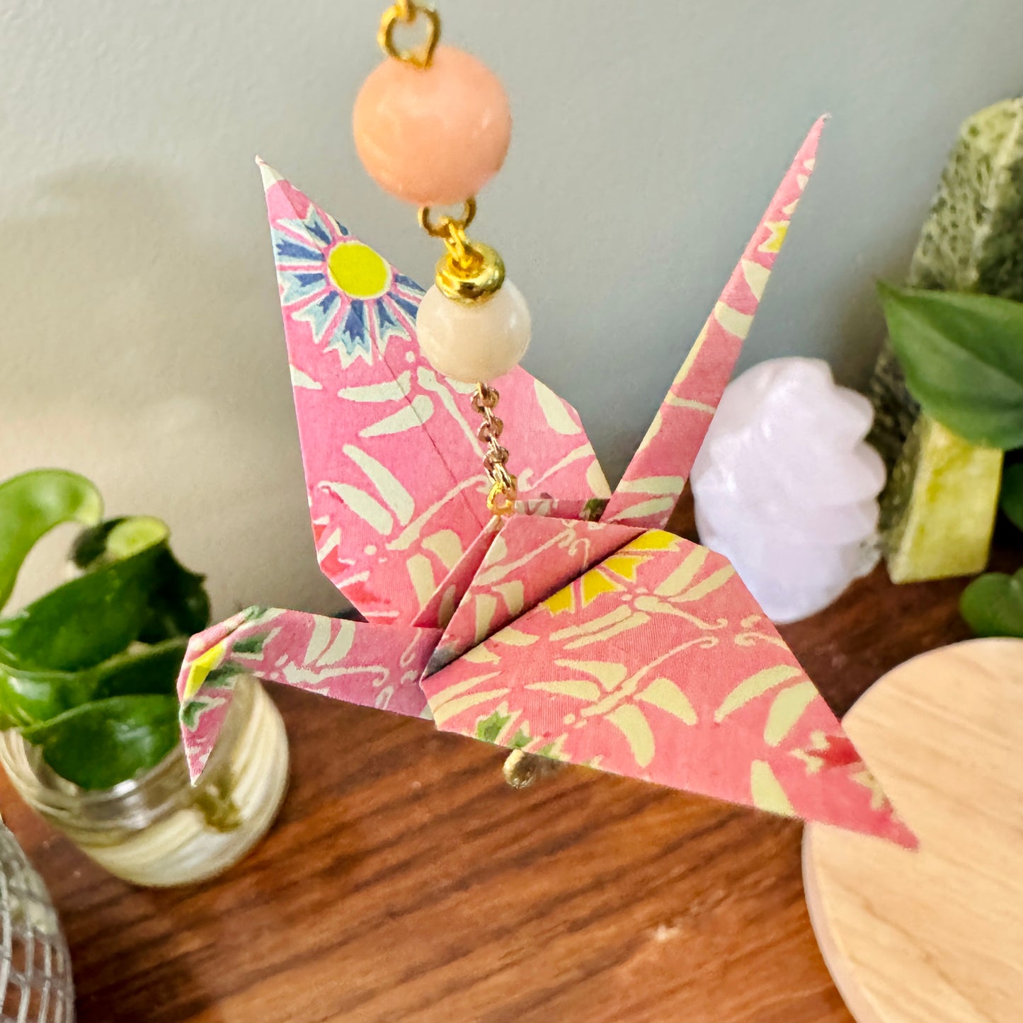 Origami Ornament #2205 - Medium Crane with Repurposed Charm