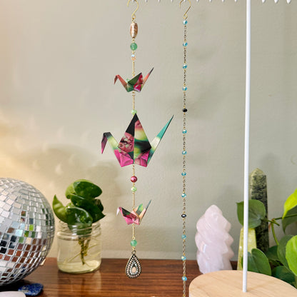 Origami Ornament #2221 - Triple Crane with Repurposed Pendant