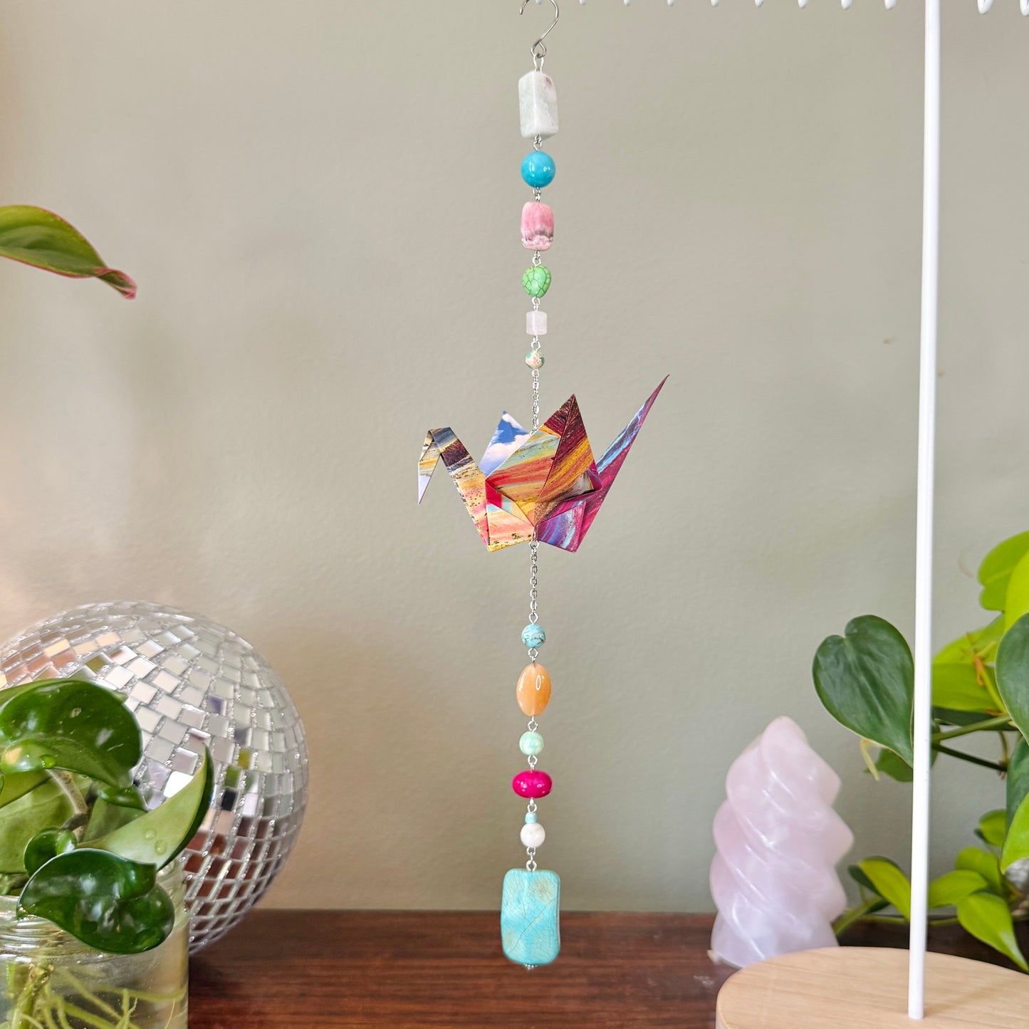 Origami Ornament #2461 - Large Crane with Stone Beads