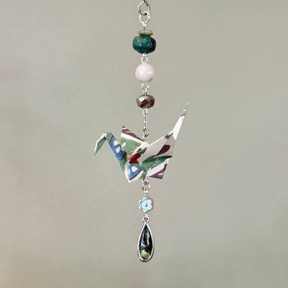 Origami Ornament #2440 - Small Crane with Repurposed Jewelry