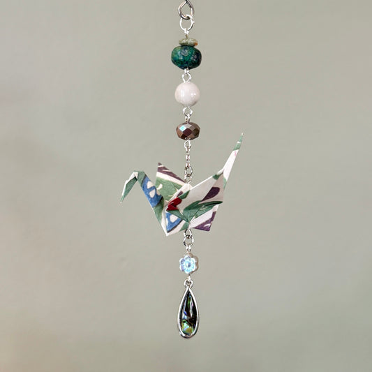 Origami Ornament #2440 - Small Crane with Repurposed Jewelry