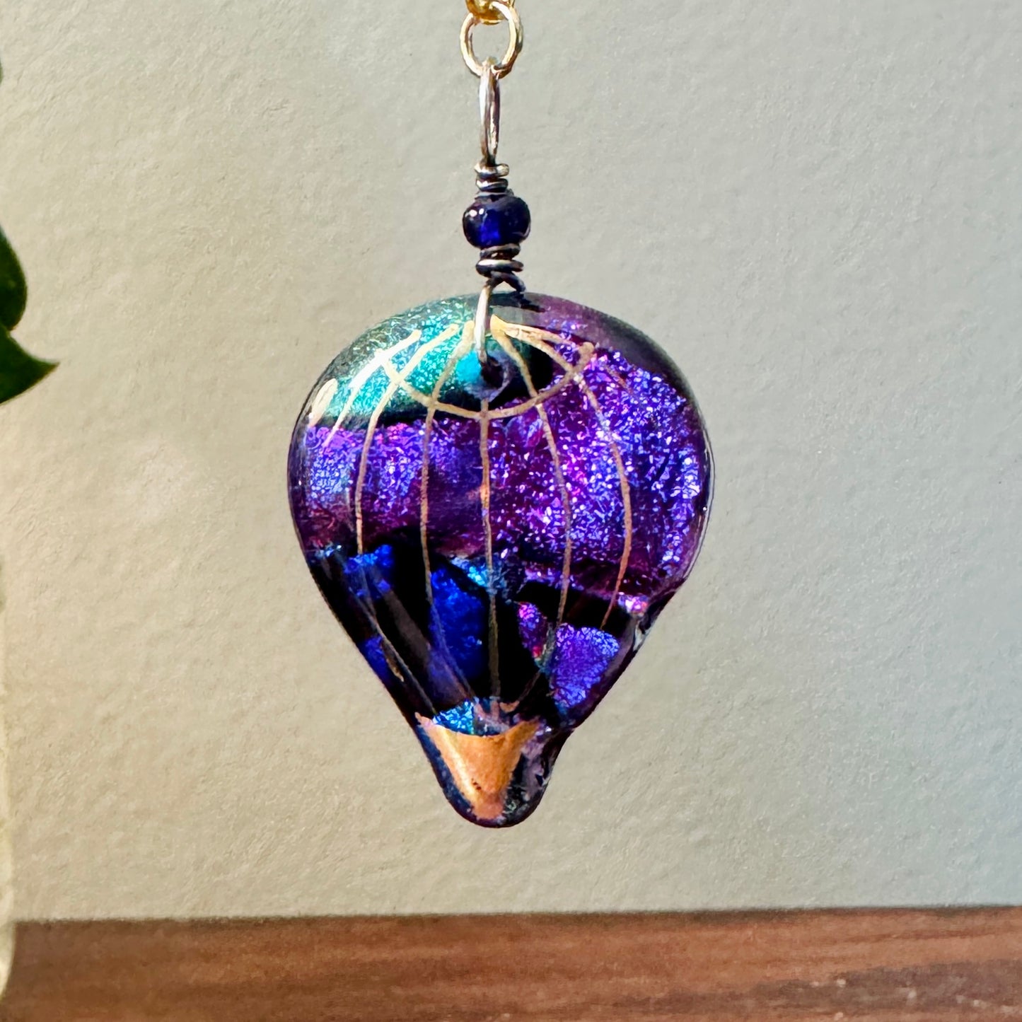 Origami Ornament #2212 - Medium Crane with Glass Beads and Art Glass Pendant