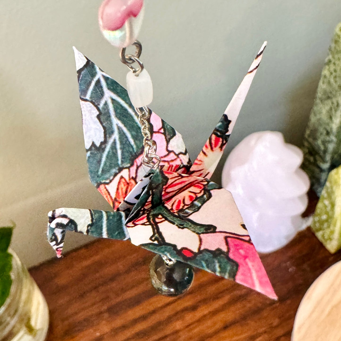 Origami Ornament #2146 - Small Crane with Stone and Glass Beads