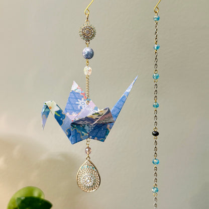 Origami Ornament #2217 - Large Crane with Repurposed Jewelry