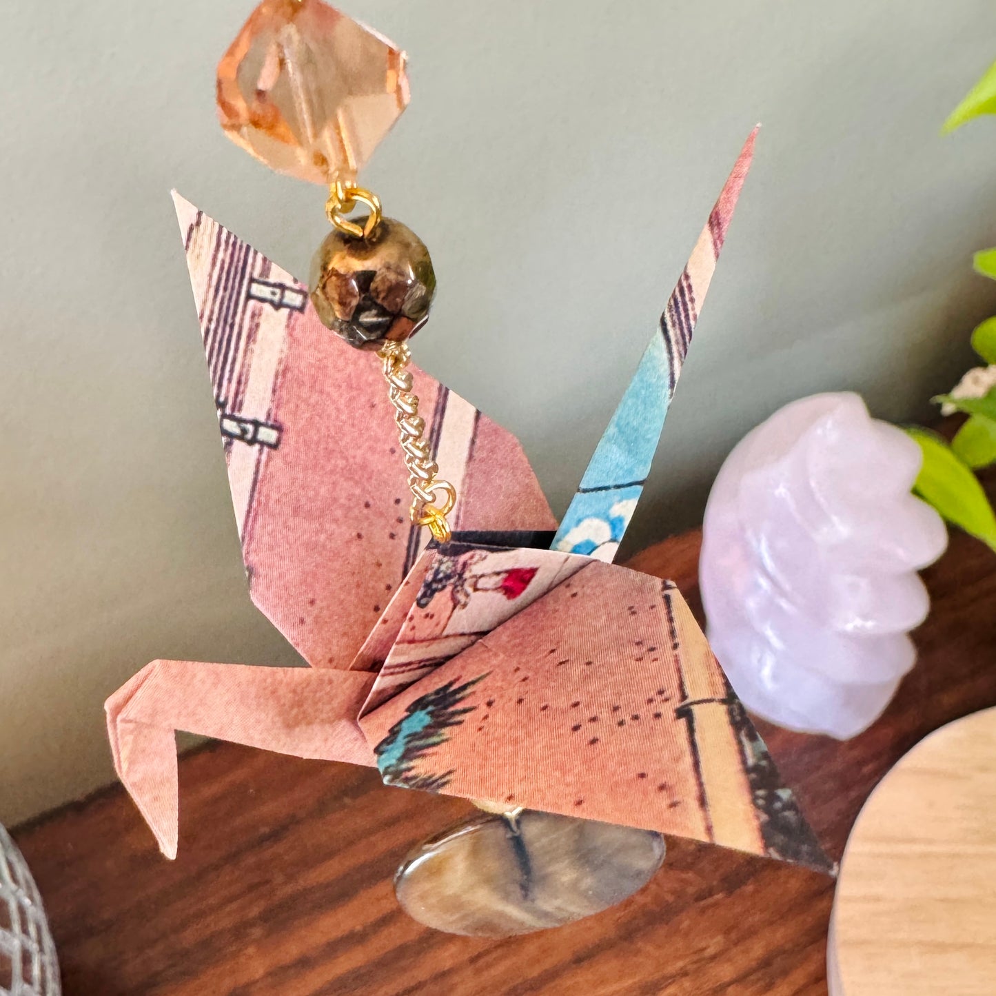 Origami Ornament #2455 - Medium Crane with Repurposed Beads