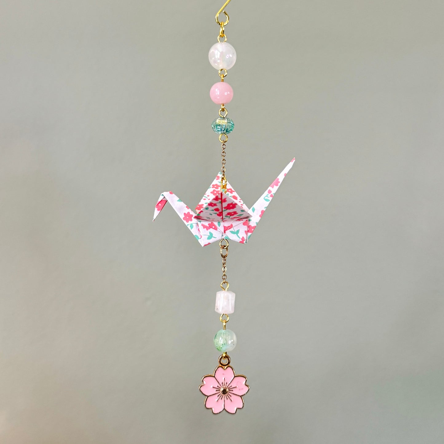 Origami Ornament #2447 - Small Crane with Cherry Blossom Charm